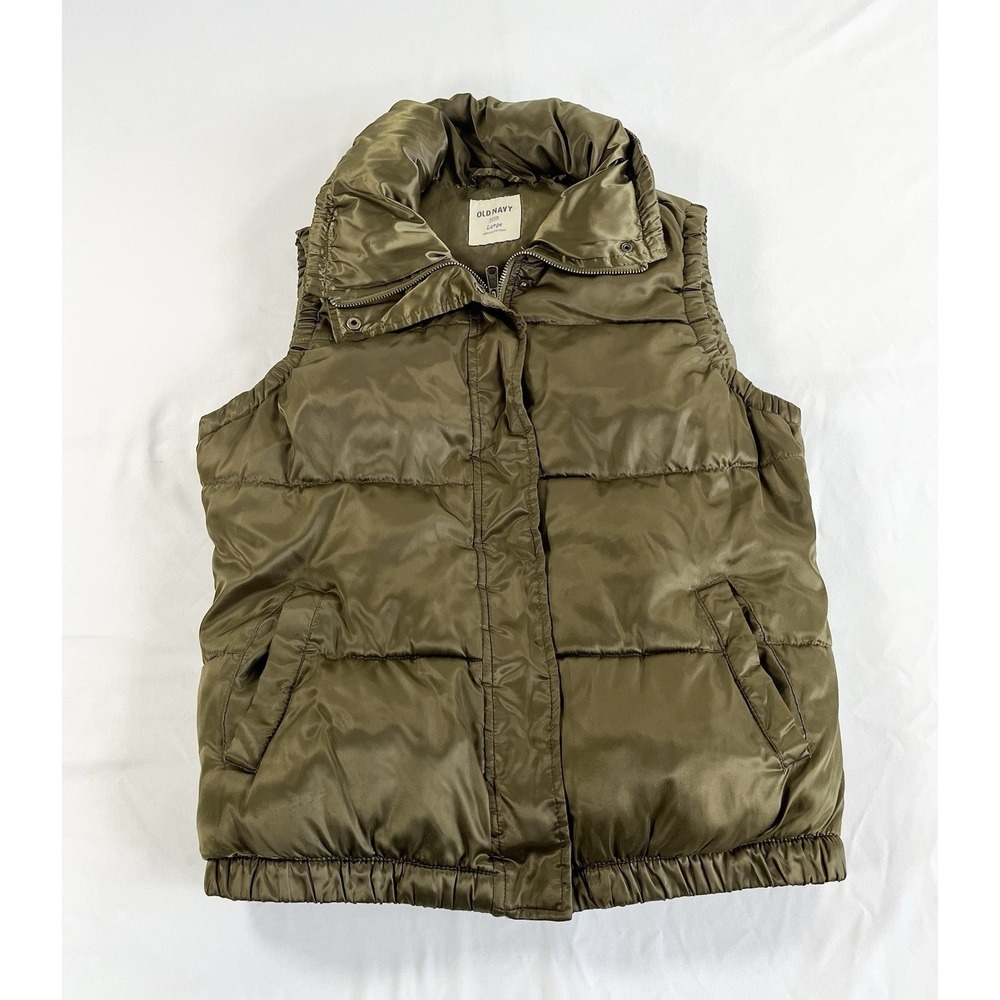 Old Navy Olive Green Puffer Vest Women's Small Full Zip Pockets Gorpcore Hiking